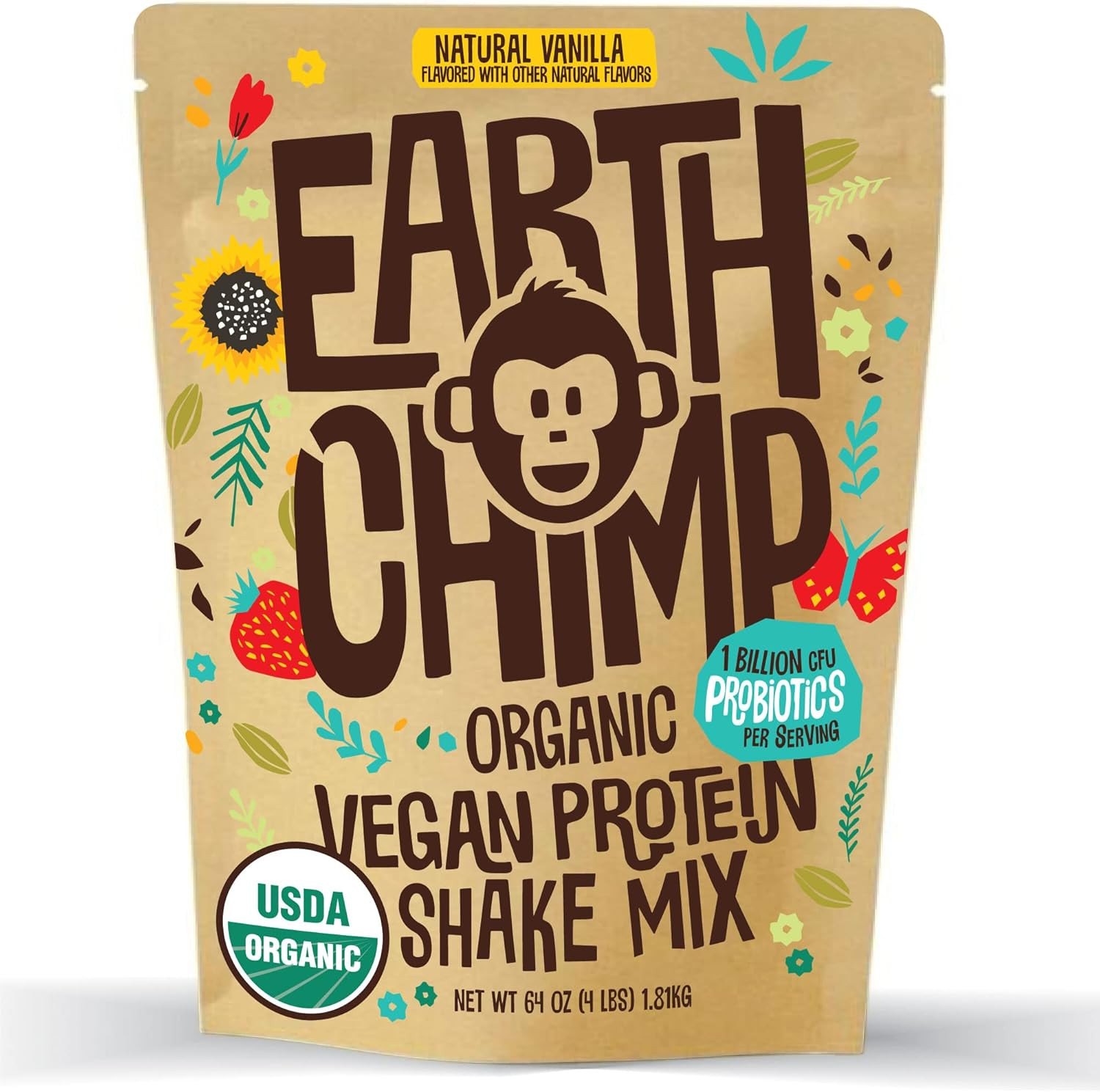 EarthChimp Organic Vegan Protein Powder (52 Servings, 64 Oz) with Probiotics, Organic Fruits & Pl... | Amazon (US)