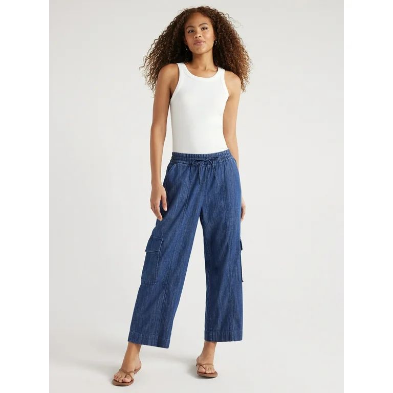 Free Assembly Women’s Mid-Rise Pull-On Denim Cargo Pants, 27.5” Inseam, Sizes XS-XXL | Walmart (US)