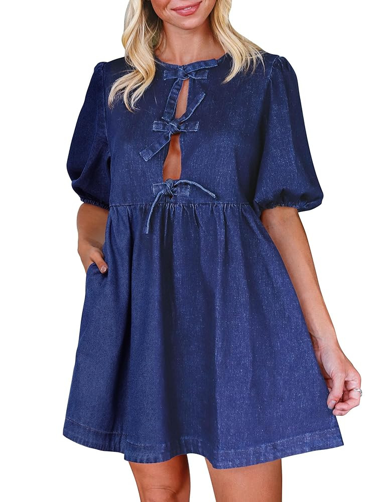 Qazel Vorrlon Denim Dress for Women Puff Short Sleeve Babydoll Jean Romper Pockets Summer Casual ... | Amazon (US)