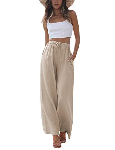 Faleave Women's Cotton Linen Summer Palazzo Pants Flowy Wide Leg Beach Trousers with Pockets(Khaki-L) | Amazon (US)