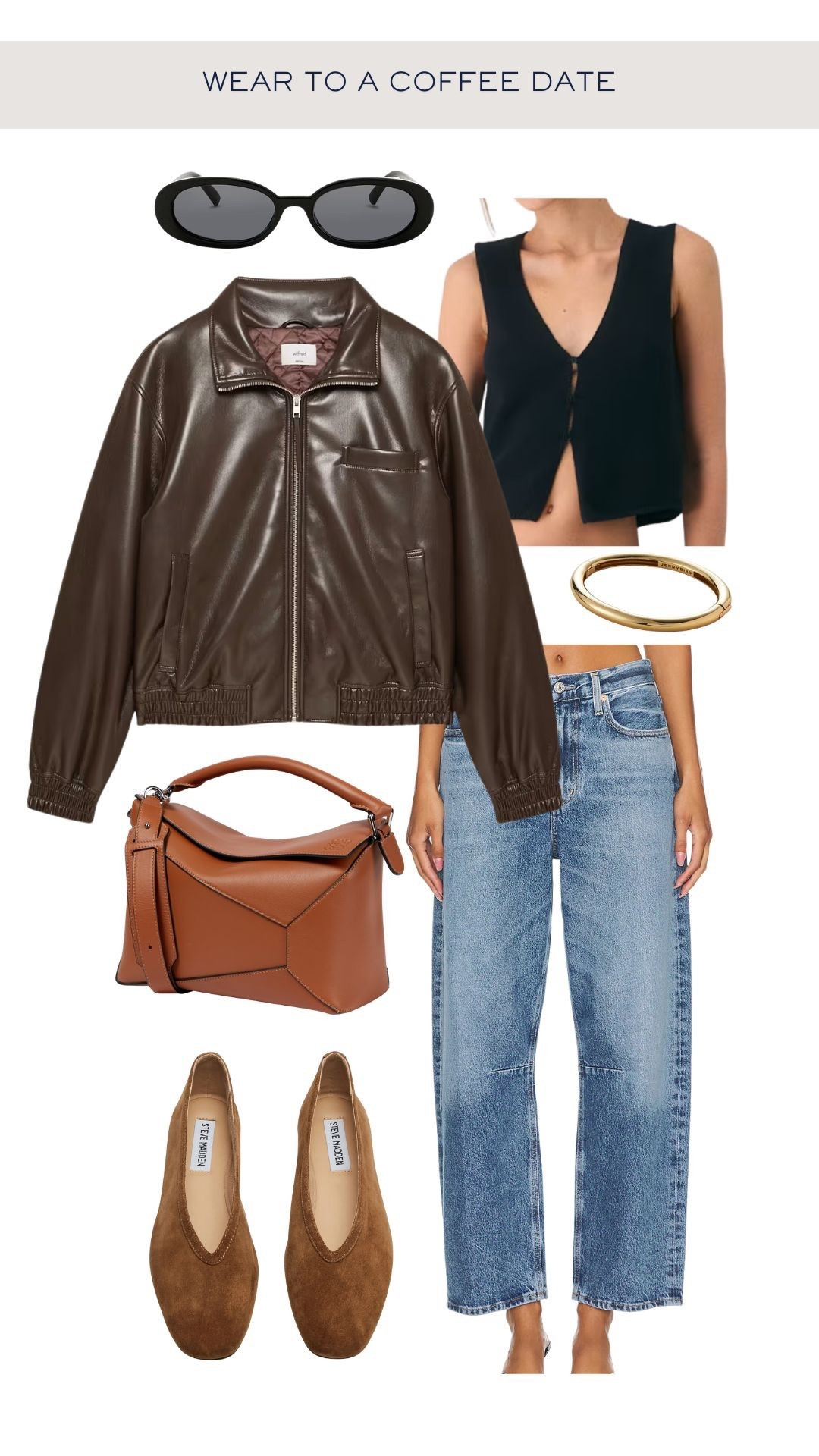 What to wear to a coffee date

Ballet flats, jeans outfit, suede flats, Steve Madden, Loewe, leather jacket, bomber jacket, Aritzia, sweater vest, Jenny bird, casual outfit, ootd, everyday outfit.