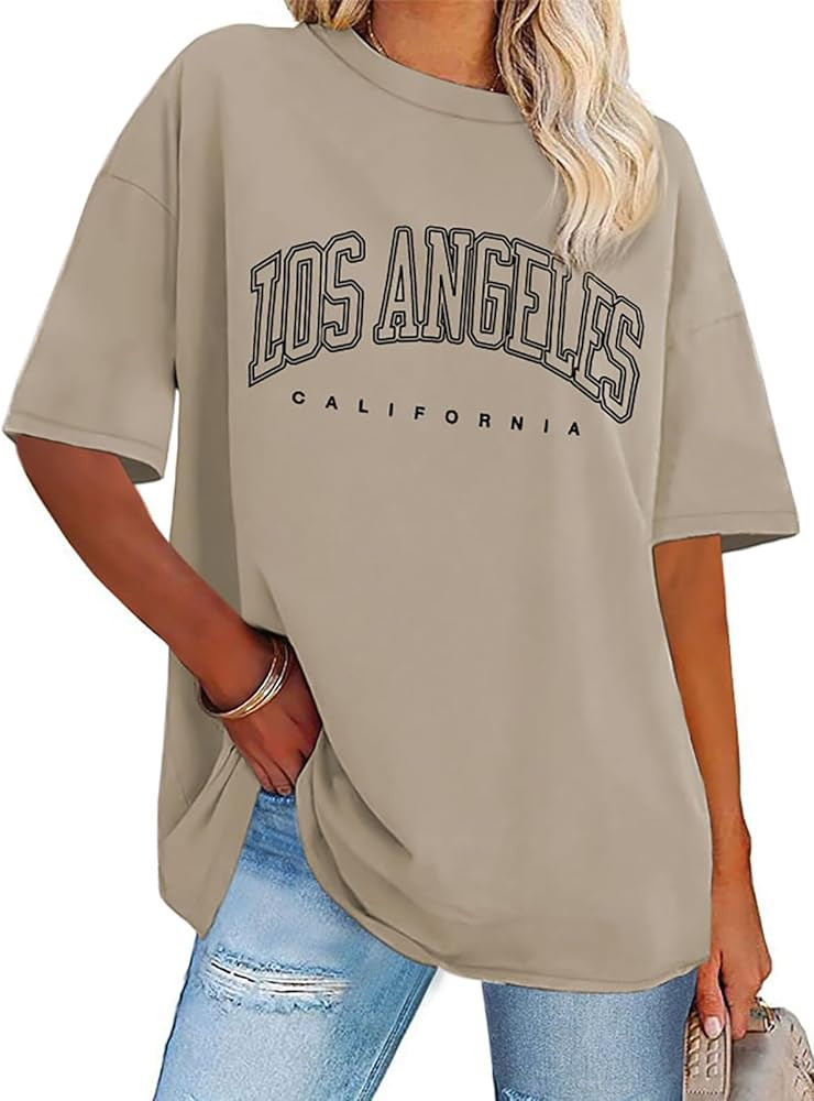 Womens Oversized Tshirt Graphic Tees Crew Neck Summer Short Sleeve Loose Fit Tops (A-Los Letter P... | Amazon (US)