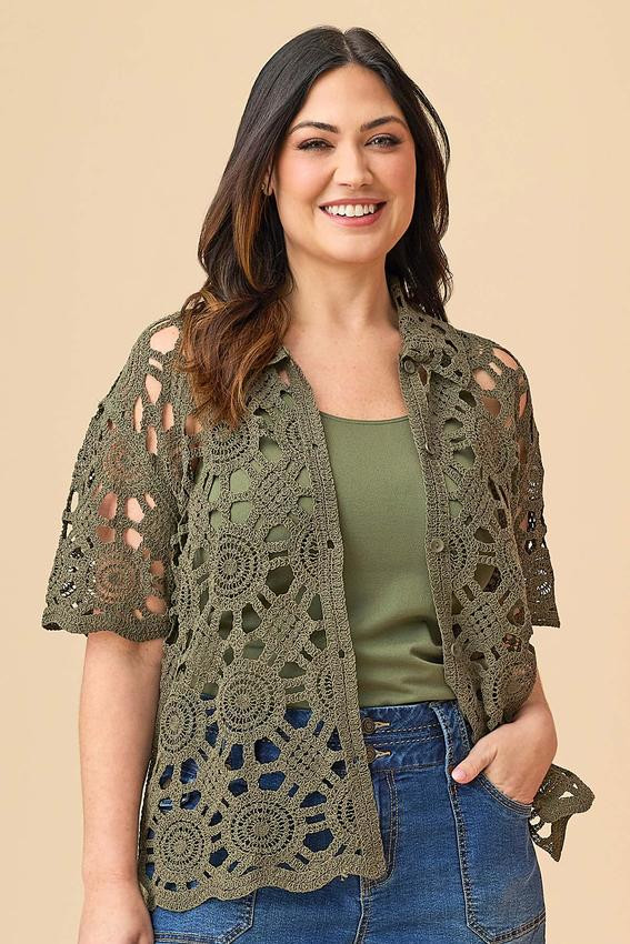 Plus Size Solid Crochet Shirt | Cato Fashions