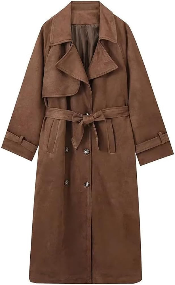 Womens Faux Suede Trench Coat Long Suede Leather Jacket Double Breasted Pea Coat with Belt | Amazon (US)