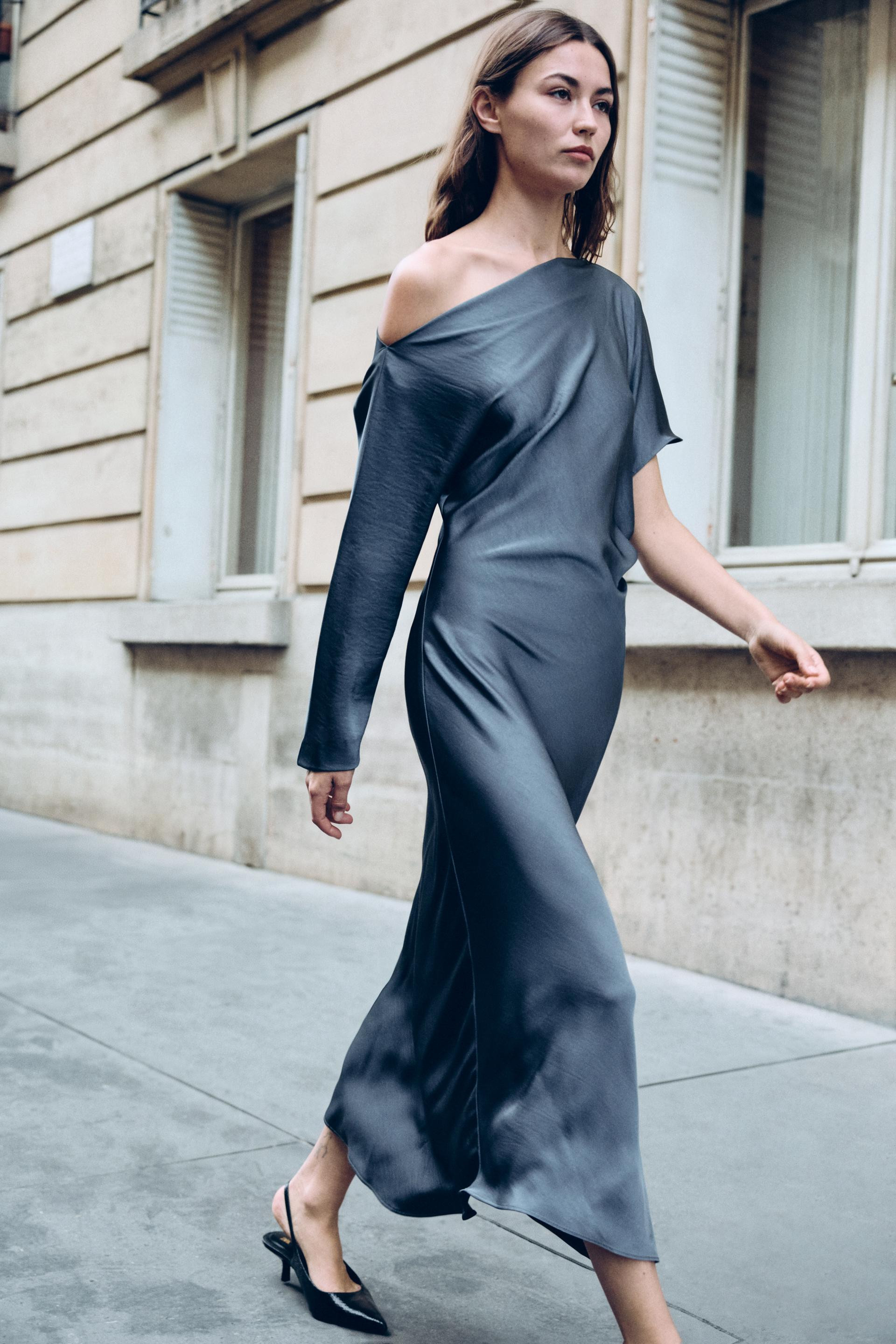 Zara - Asymmetric Satin Maxi Dress - Gray - S - Woman | Zara US