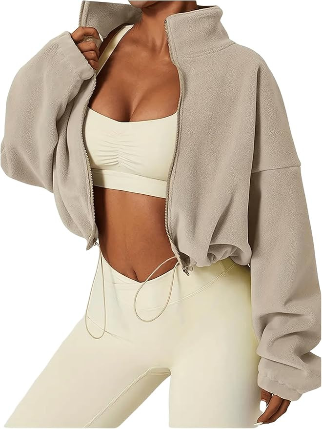 GORGLITTER Women's Zip Up Oversized Cropped Sweatshirt Fleece Long Sleeve Zipper Workout Sweatshi... | Amazon (US)