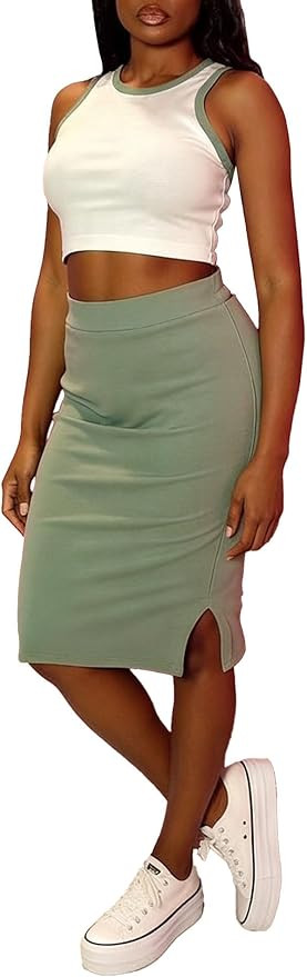 Ulovmi Women 2 Piece Dress Set Bodycon Sleeveless Crop Crew Neck Tank Top Casual Midi Skirt Sets | Amazon (US)