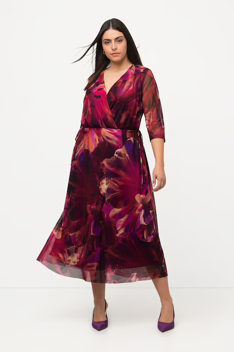 Floral Print Chiffon Wrap Look Midi Dress | More Dresses | Dresses | Ulla Popken - US & CA