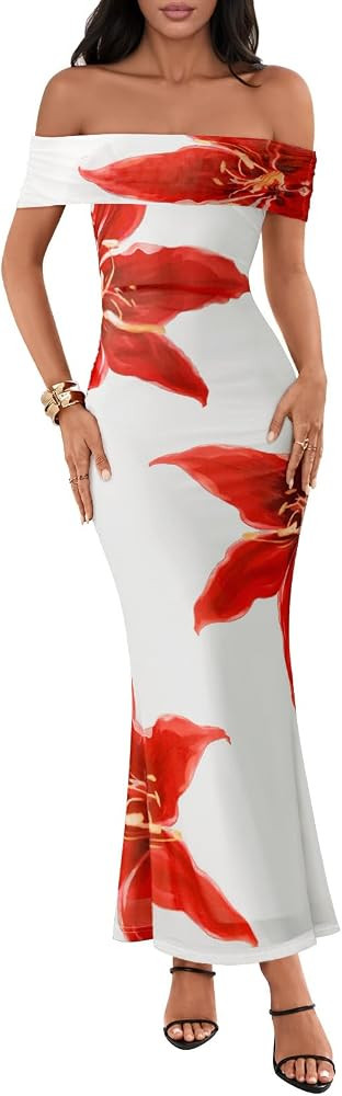 MEROKEETY Women's Summer Off Shoulder Floral Maxi Dress 2025 Formal Wedding Guest Cocktail Bodyco... | Amazon (US)