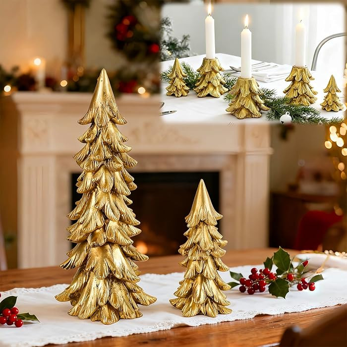 Christmas Table Decorations, Vintage Xmas Golden Resin Tree Candle Holders Set, Combined into Gol... | Amazon (US)