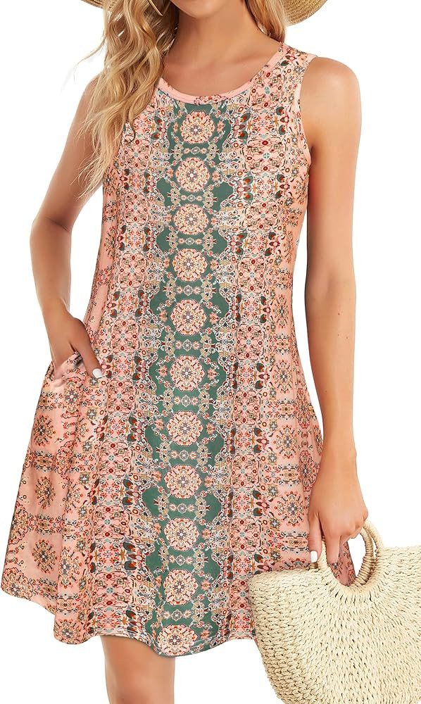 Summer Dresses for Women Beach Boho Sleeveless Vintage Floral Flowy Pocket Tshirt Tank Sundresses | Amazon (US)