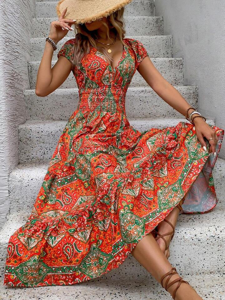 SHEIN VCAY Women's Vacation Style Printed Short Sleeve Summer Dress | SHEIN