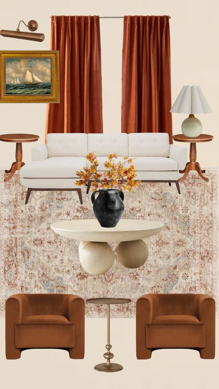 Fall decor, living room, white sectional, velvet accent barrel chair, rug, round coffee table, black vase, rust velvet curtains 

#LTKSeasonal #LTKstyletip #LTKhome