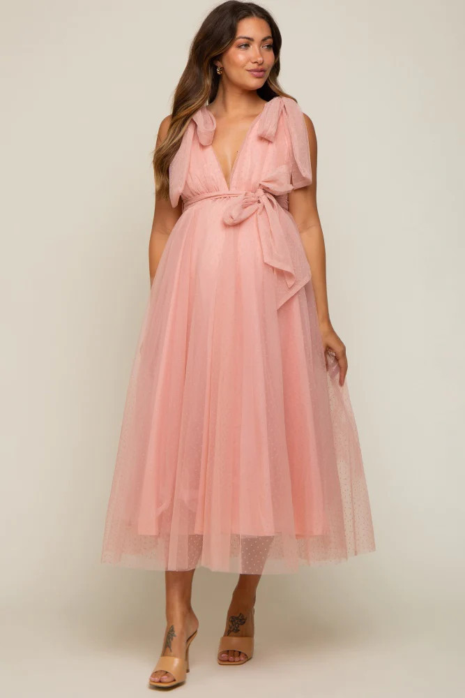 Pink Dotted Tulle Deep V-Neck Shoulder Tie Maternity Midi Dress | PinkBlush Maternity