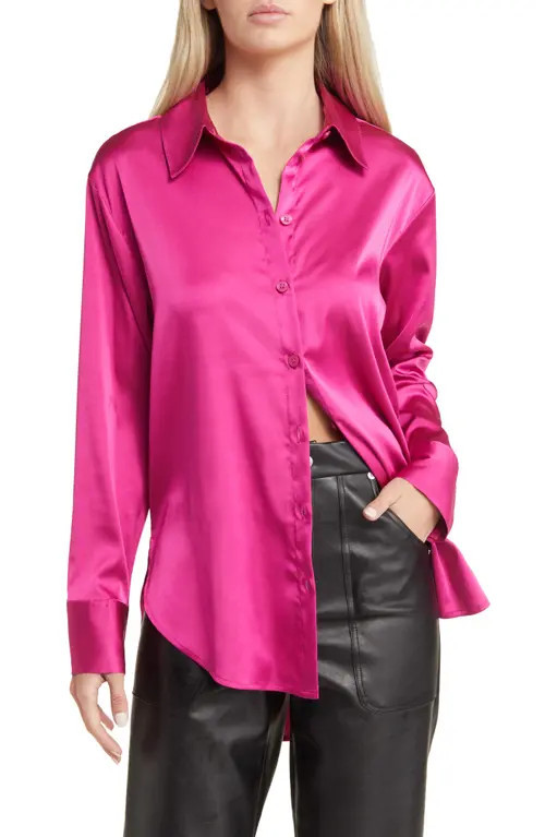 Open Edit Satin Button-Up Shirt in Pink Fuchsia at Nordstrom, Size X-Large | Nordstrom
