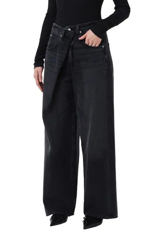 AGOLDE Vana Fold Waistband Wide Leg Jeans in Arcane Dark Black at Nordstrom, Size 28 | Nordstrom
