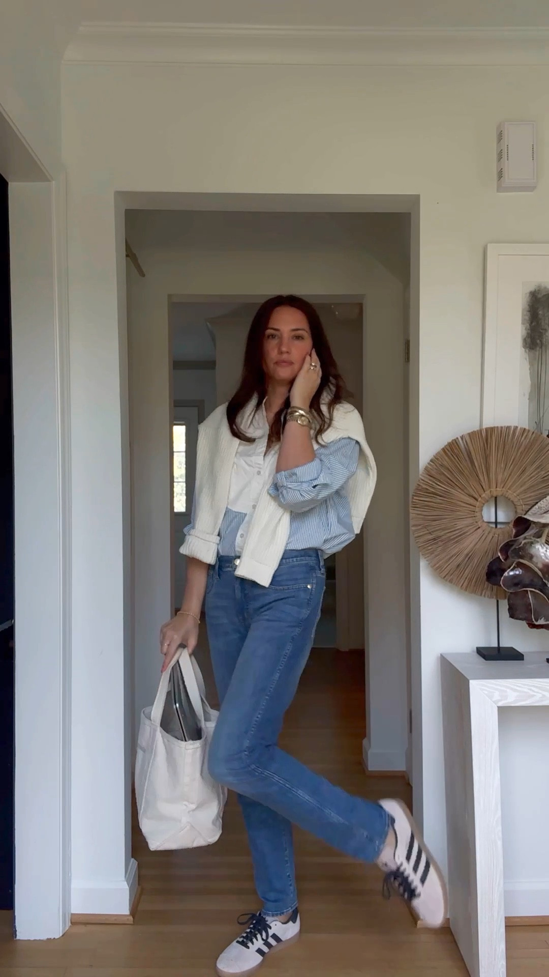 Todays outfit with the current “it” shoe 
Sambas (size down 1/2 size)
Straight denim (run tts, I’m a 29, of between size down)
Sweater (medium)
Button down (very oversized) 