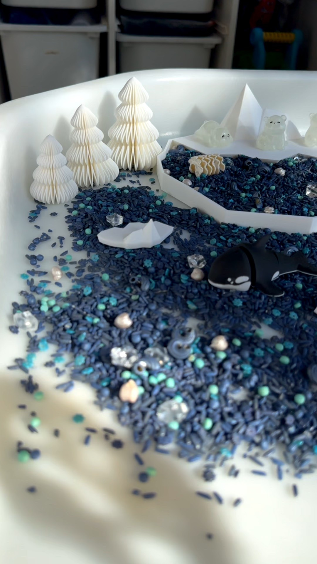 An arctic math lesson for our Orca loving son. He was able to grab what he wanted from the tray and add them together to make 5. We were also able to sound out the word arctic. A win, win! 

This Polar Playland kit from @teenietotsplayshop helped us bring this together so easily. I just added in our own orcas and polar friends from @roses_and_wellness. Hoping to keep math enjoyable, as it’s not my favorite subject! 

Ps. I realized our erasable’s fit in our @carvedtogetherco tinker tray! How fun is that!! 
•
•
•
🧊Polar playland filler & tray in collaboration with @welchcreativewonders can be found at @teenietotsplayshop (welchboys)
3D trees **coming soon** : @welchcreativewonders 
🐻‍❄️ resin: @roses_and_wellness 
🔢 Tinker tray: @carvedtogetherco (Dawn10)
3D igloo: @nature.based.toys 
Letter coins & acrylic erasable: @awandco 

#polarplayland #arctic #orca #mathmadefun #kindergarten #boymom #homeschool #smallshop