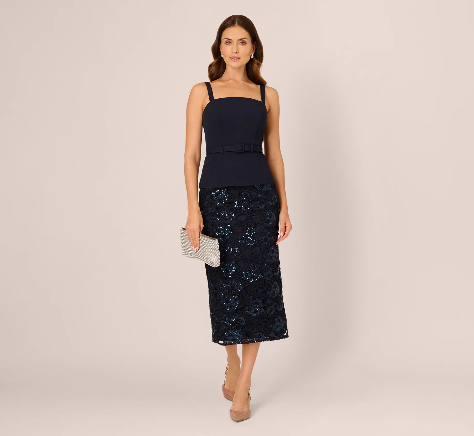 Navy Sleeveless Sequin Lace Combo Midi Dress - Adrianna Papell | Adrianna Papell