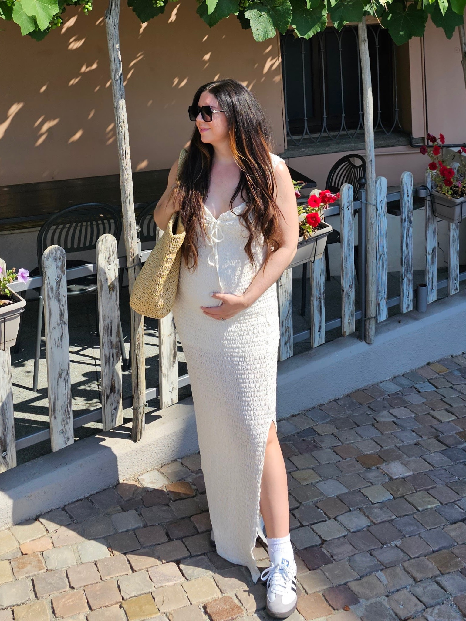Bump friendly dress, Italy outfit, crochet maxi dress, free people dress, white samba sneakers, straw beach tote bag, bump style

#LTKitbag #LTKbump #LTKSeasonal