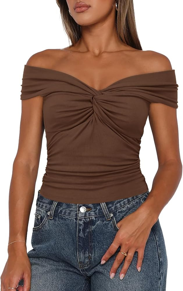 Darong Women Summer Twist Knot Front Off The Shoulder Tank Tops Cap Sleeve Going Out Shirts Slim ... | Amazon (US)