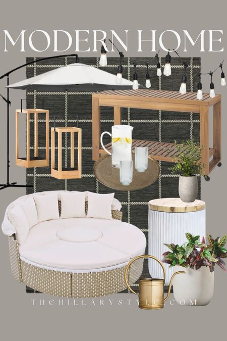 Modern Home: Outdoor home decor and finds for the modern organic home. Outdoor day bed, outdoor area rug, outdoor cooler table, outdoor bar table, outdoor console table, planter, lanterns, umbrella, outdoor string lights, brass tray, outdoor pitcher, outdoor glasses, faux plant, brass watering can. Outdoor living, outdoor finds, patio decor, deck decor. Walmart, Target, Pottery Barn, Wayfair.

#LTKstyletip #LTKSeasonal #LTKhome