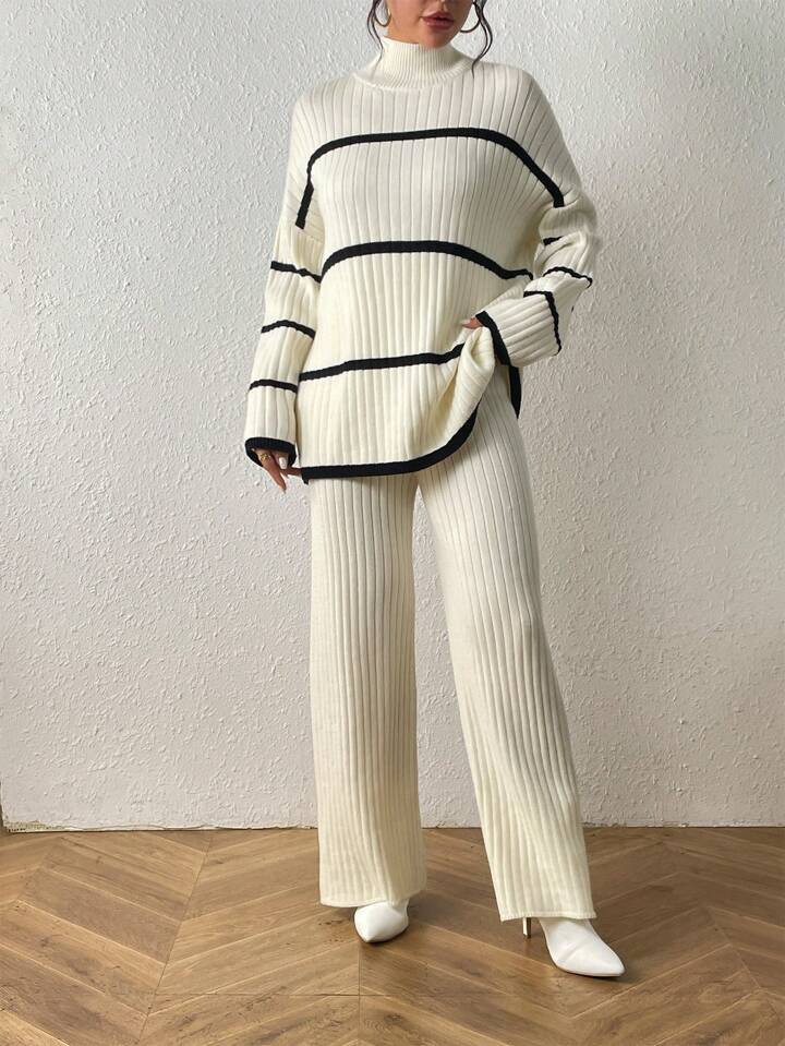 Striped Pattern Drop Shoulder Sweater & Knit Pants | SHEIN