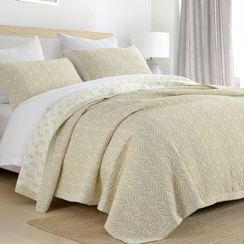 Finlonte Queen Size Quilt Set, 100% Cotton Lightweight Quilt Bedding Set, Botanical Pattern Solid... | Amazon (CA)