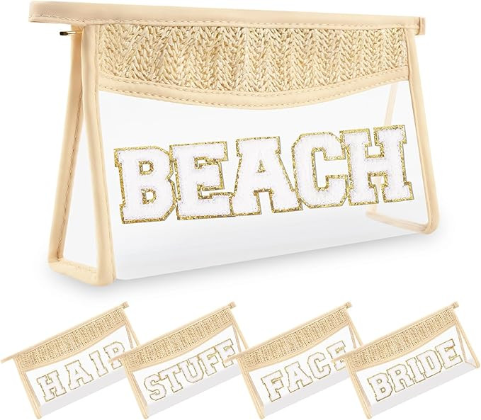 Small Boho Straw Clear Beach Makeup Bags for Women&Girls, Zipper Cosmetic Bag Chenille Varsity Le... | Amazon (US)