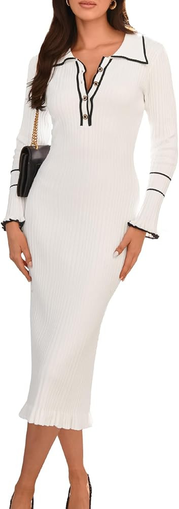 GRACE KARIN Women's 2024 Long Sleeve Sweater Dress Button Knit Slim Fit Casual V Neck Elegant Bod... | Amazon (US)