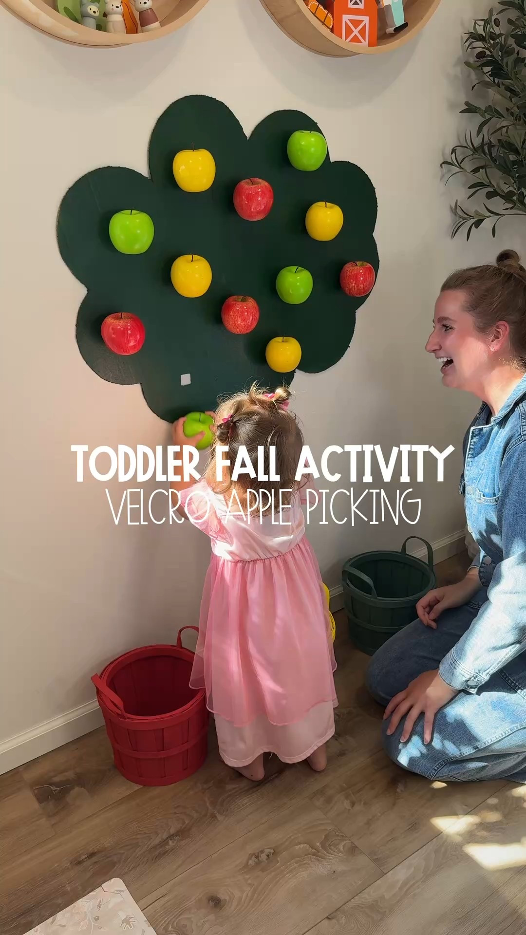🍎✨ The cutest fall activity you need to try with your toddler!

How to make your own playroom apple orchard:

1️⃣ Cut a big tree shape out of cardboard
2️⃣ Paint the top green for the “leaves” 🌳
3️⃣ Tape it up to the wall
4️⃣ Grab some fake apples (Amazon has great ones!) — or use ball pit balls if you already have them 🍏🍎
5️⃣ Stick Velcro squares on the back of each apple + onto the tree (make sure they all match—tree gets soft sides, apples get rough, or vice versa)
6️⃣ Grab some little baskets and add color labels (I painted Hobby Lobby buckets red, yellow & green, but you can also just tape colored paper inside baskets you already own) 🎨
7️⃣ Let your toddler “pick” the apples + sort by color!

This turned into the sweetest toddler activity—mixing pretend play with fine motor skills + color recognition. And honestly, it might be even cuter than the real orchard! 💕

🍂 Definitely save this one if you haven’t tried it out already this fall!

#toddleractivities #fallactivityideas #toddlerplay #falltoddleractivities #kidsactivities 

#LTKFamily #LTKKids #LTKSeasonal