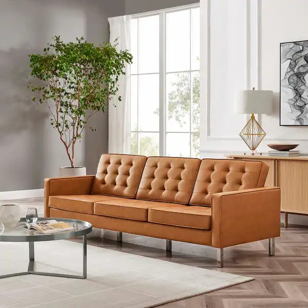 Loft Tufted Vegan Leather Sofa - Tan | Bed Bath & Beyond
