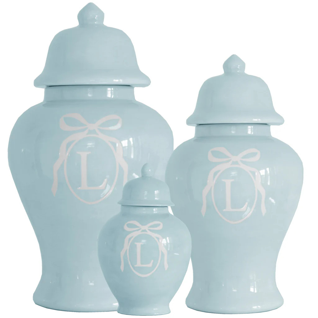Monogrammed Bow Ginger Jars in Robin's Egg Blue for Lo Home x Veronika's Blushing | Lo Home by Lauren Haskell Designs