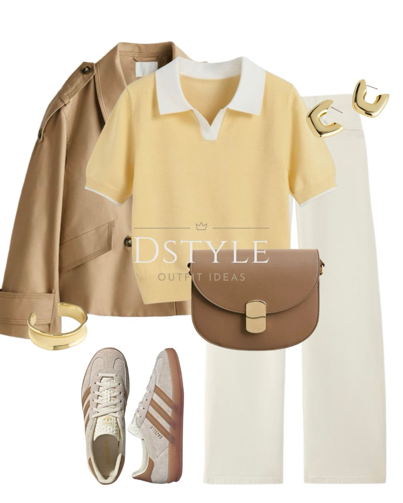 Yellow knit polo short sleeve top, beige short trench coat, jeans (bone color), taupe Sezane Claude bag, Adidas Gazelle indoor sneakers 

 

#LTKFindsUnder100 #LTKWorkwear #LTKItBag