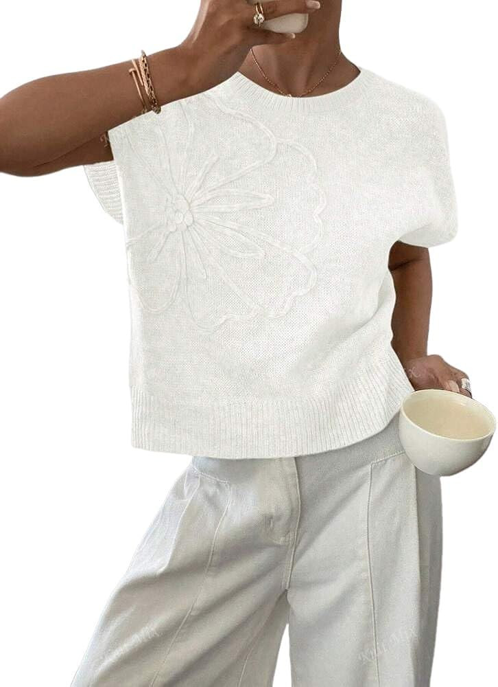 ZAFUL Womens Summer Cap Sleeves Crop Sweater 3D Floral Crew Neck Knit Pullover Tops | Amazon (US)