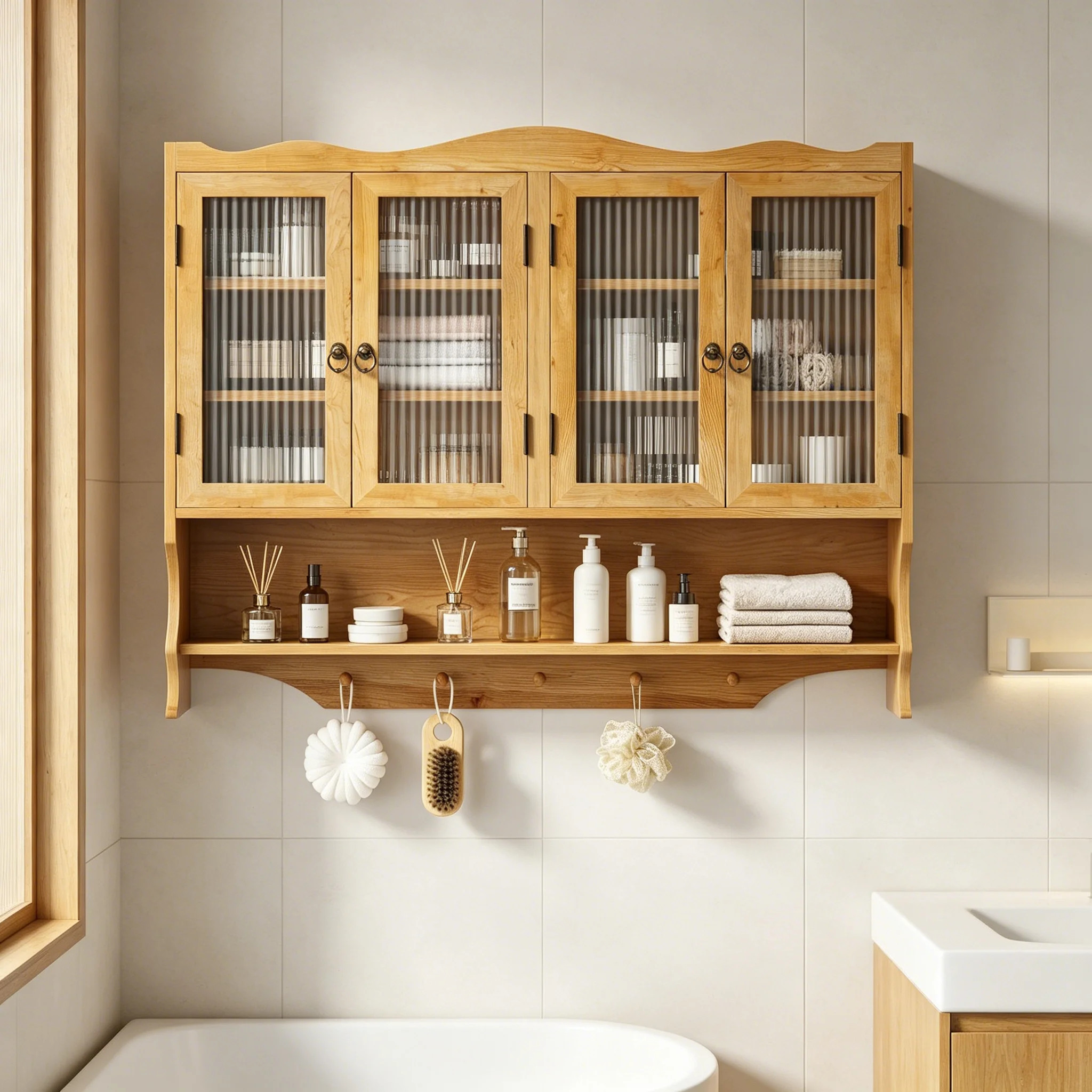 39.37"Retro 4 Door Wall-Mounted Cabinet, Featuring Two Layers Of Storage Space And An Open Hook Rack Space,Suitable For Bathrooms, Kitchens, Dining Ro | Wayfair North America