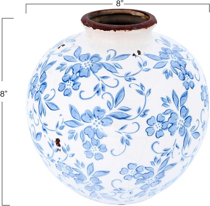 Creative Co-Op DF2720 8" H Terracotta Floral Transferware Pattern & Crackle Finish Vase, Blue | Amazon (US)