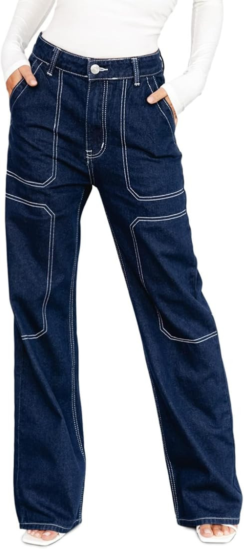 Dokotoo Women's Casual Mid Waist Cargo Jeans Stretch Wide Leg Denim Pants with Pockets | Amazon (US)