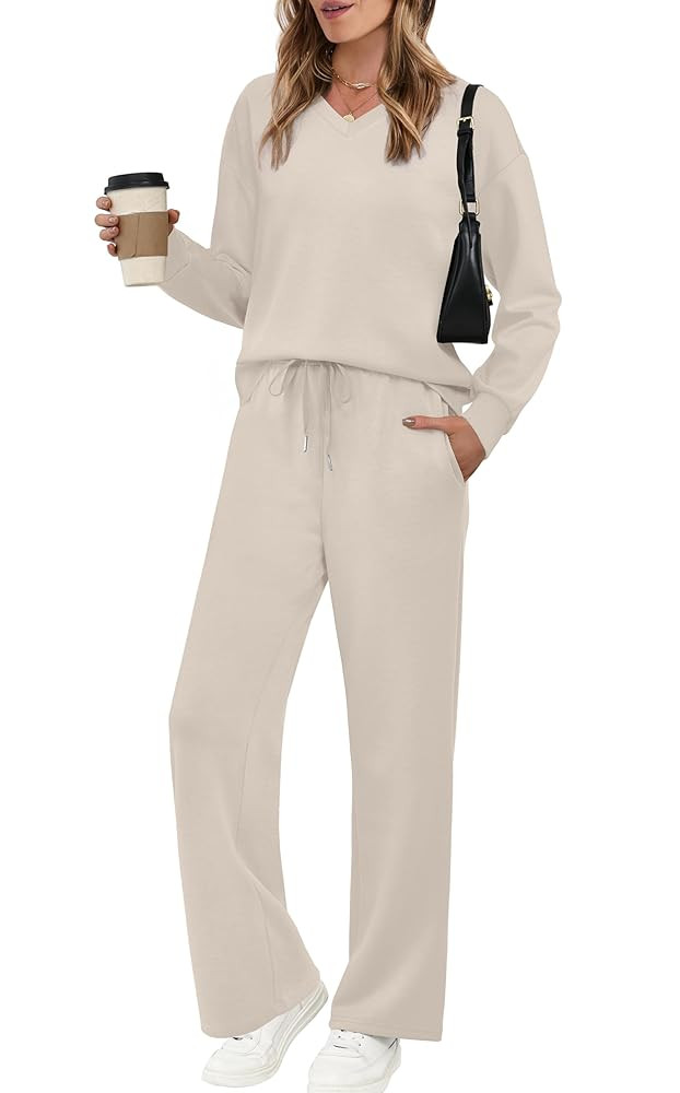 WIHOLL Lounge Sets for Women 2025 V Neck 2 Piece Outfits Airport Wide Leg Pants Matching Set Swea... | Amazon (US)
