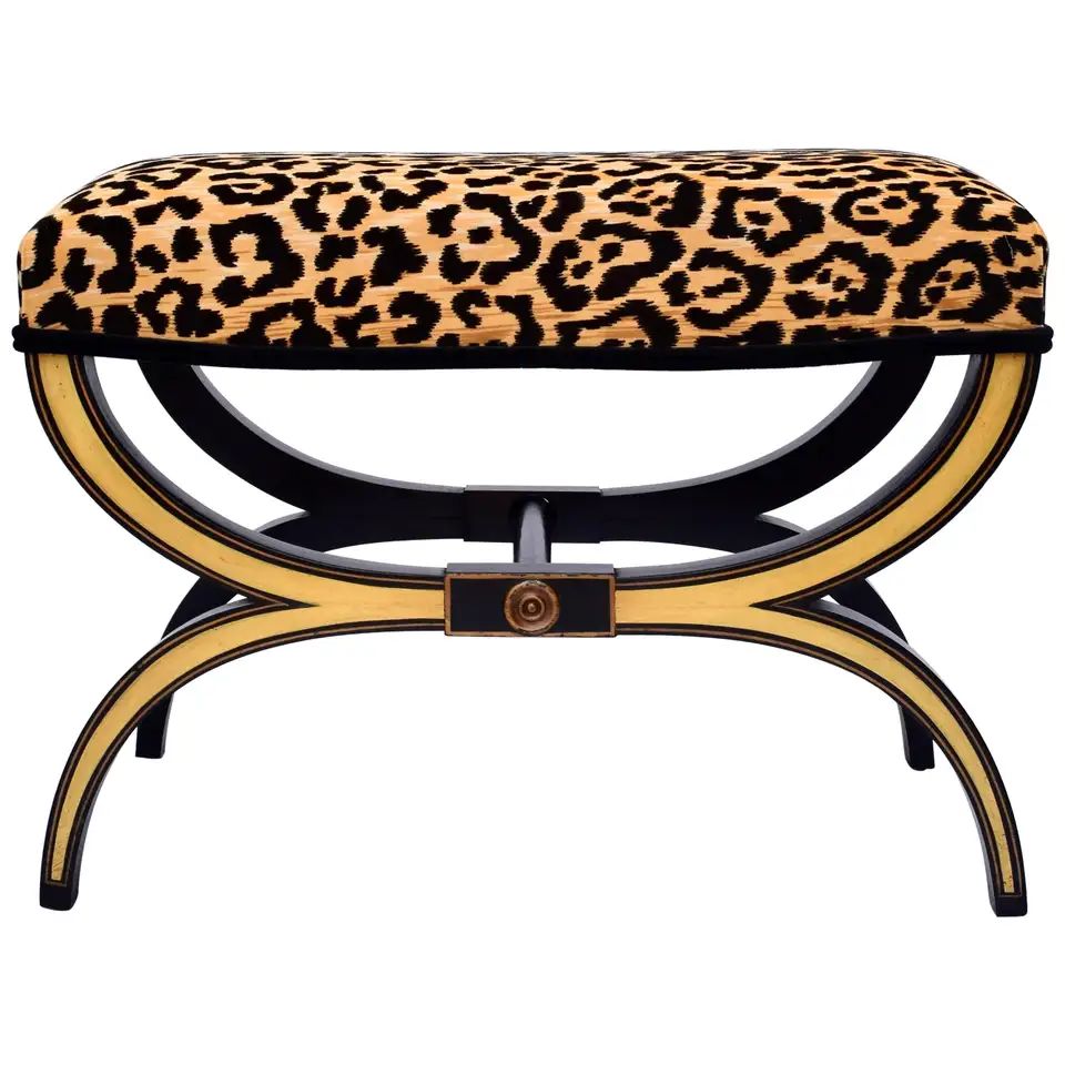 Neoclassical Style Curule Bench or Stool in Velvet Leopard | 1stDibs