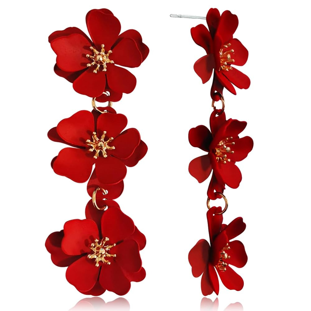 Elegant Bohemian Matte Tiered Triple Flower Dangle Drop Earrings Chic Charm Cute Long Floral Stud... | Amazon (US)