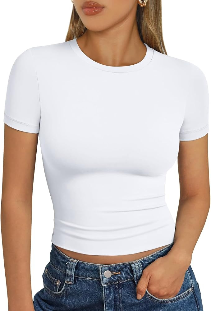 AUTOMET Womens Short Sleeve T Shirts Basic Summer 2025 Workout Tops Crew Neck Gym Crop Tops Trend... | Amazon (US)