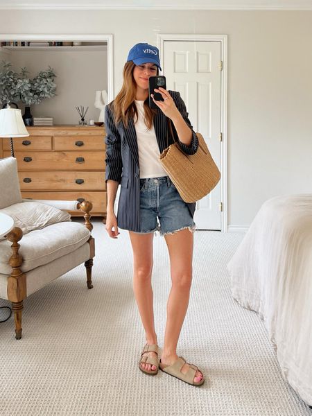 Wearing an oversized blazer with denim shorts today. Finished off the look with a straw tote, blue baseball cap, and Birkenstock Arizona sandals.

#LTKfindsunder100 #LTKshoecrush #LTKstyletip