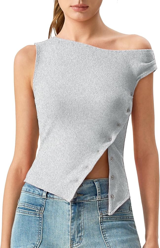 QINSEN Womens Off Shoulder Asymmetrical Tops Diagonal Button-up Closure Split Hem Cropped T Shirt... | Amazon (US)
