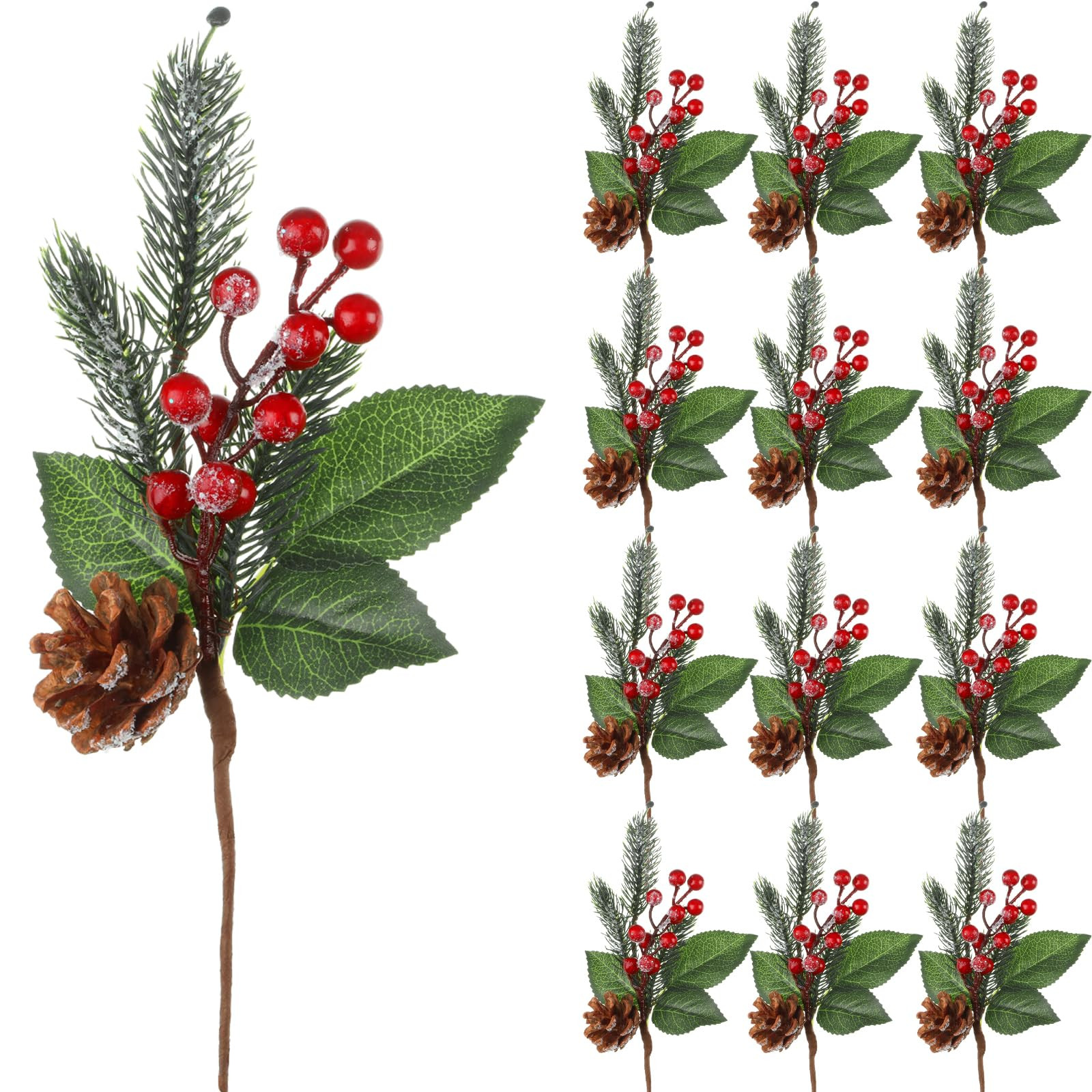 Boao 12 Pcs 11'' Large Christmas Pine Picks Tree Decoration Red Berry Picks and Sprays with Cone ... | Amazon (US)