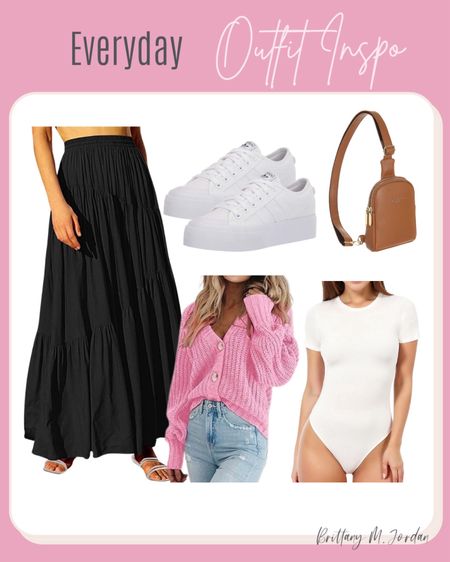 Everyday look outfit inspo from Amazon.

Black maxi midi tiered skirt. White tshirt bodysuit. Pink oversized cardigan. White adidas sneakers. Valentine’s Day. Leather crossbody bag purse.

#LTKfindsunder100 #LTKfindsunder50 #LTKstyletip