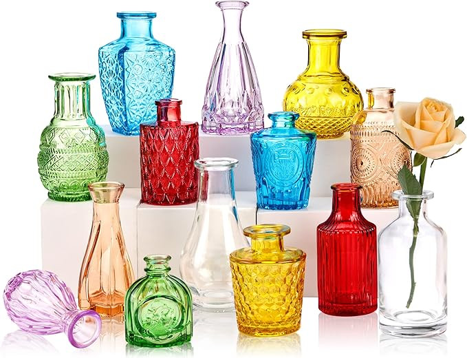 CUCUMI 14pcs Bud Vases, Colored Small Vases for Centerpieces, Cute Flower Vases in Bulk Vintage B... | Amazon (US)