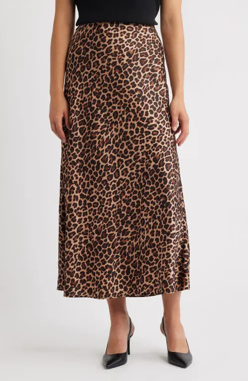 Anne Klein Print Pull-On Satin Bias Cut Skirt in Brown/Anne Black Multi at Nordstrom, Size Medium | Nordstrom