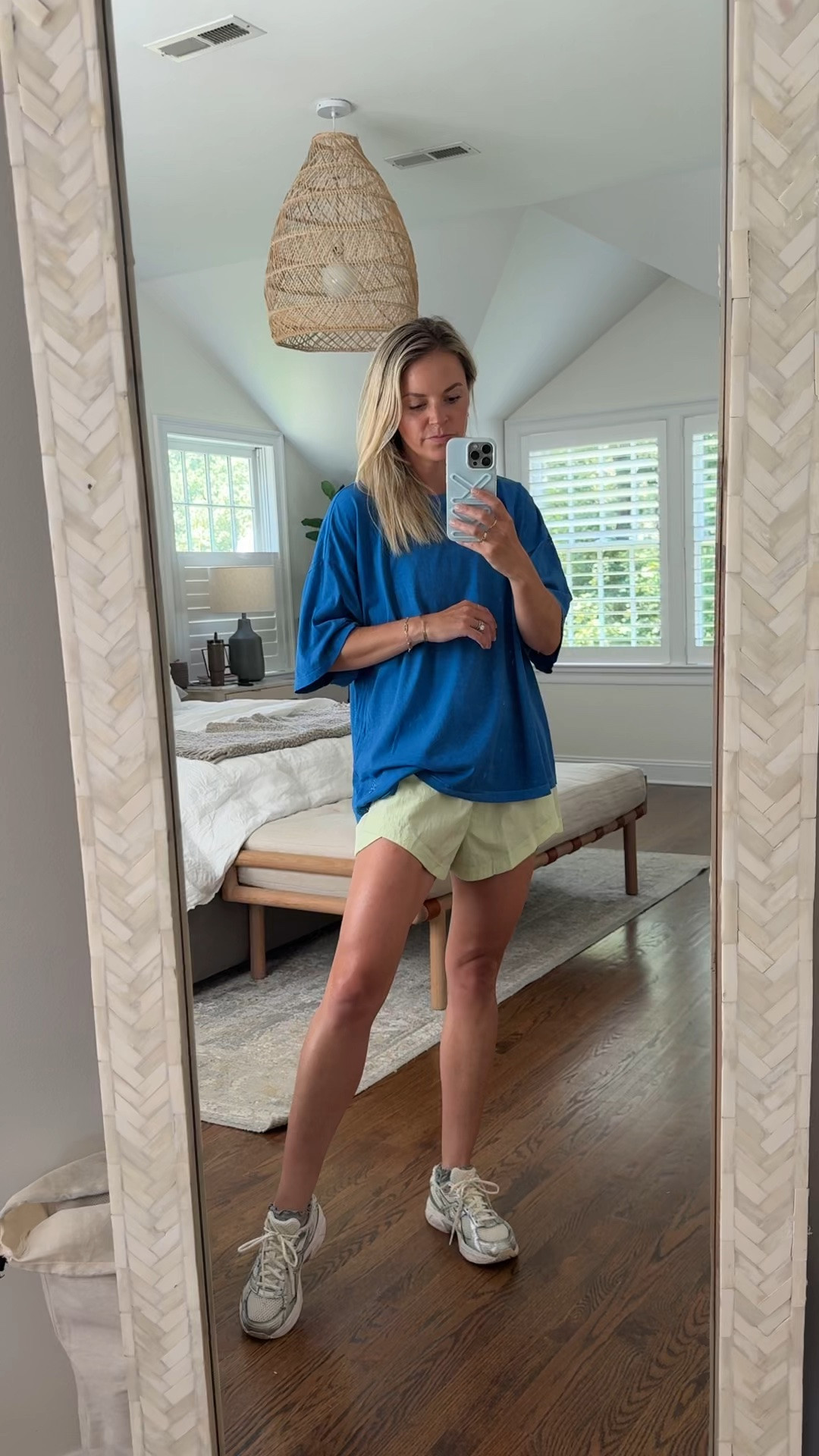 Have this shirt in a couple colors and love the oversize fit. These shorts are a new to me style, but loved the color and how they dip lower in the back. They also have built in liner. Wearing smalls in top + shorts