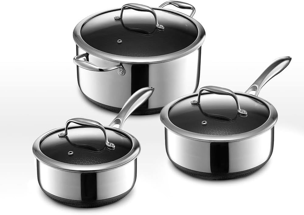 HexClad Hybrid Nonstick 6-Piece Pot Set, 2, 3, and 8-Quart Pots with Tempered Glass Lids, Stay-Cool  | Amazon (US)